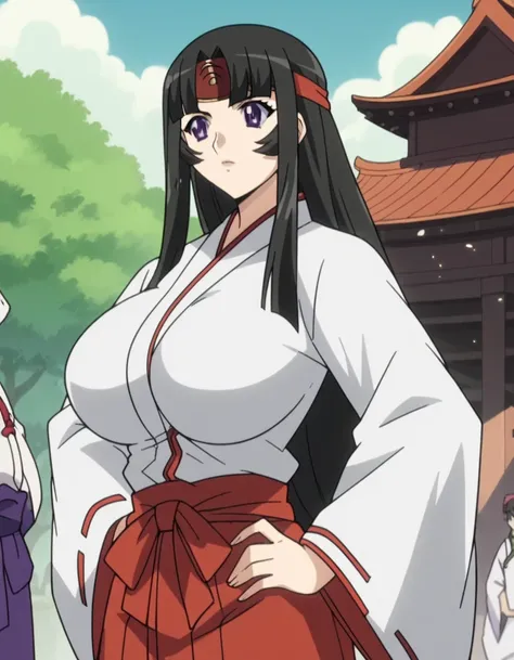 _anime, Tomoe, long hair, huge breasts, black hair, purple eyes, low-tied long hair, anime screencap, skirt,  Japanese clothing,  headband ,  ribbon-trimmed sleeves , Monkey, red hakama pants, Japanese temple,alas afueras del Japanese temple , hands on hip...