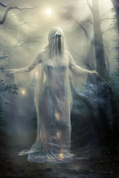 (masterpiece), (8k), (best quality), (sublime), a Ghost, haunting, ethereal, fey, a celestial organism, liminal, death, alive again, wispy, transparent, sentient, pale, blank face, no face, arms up, feminine, body stretched elongated bending and poised, si...