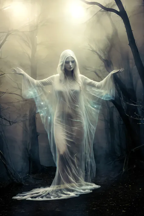 (masterpiece), (8k), (best quality), (sublime), a Ghost, haunting, ethereal, fey, a celestial organism, liminal, death, alive again, wispy, transparent, sentient, pale, nude, blank face, black inside hood, arms up, feminine, body stretched elongated bendin...