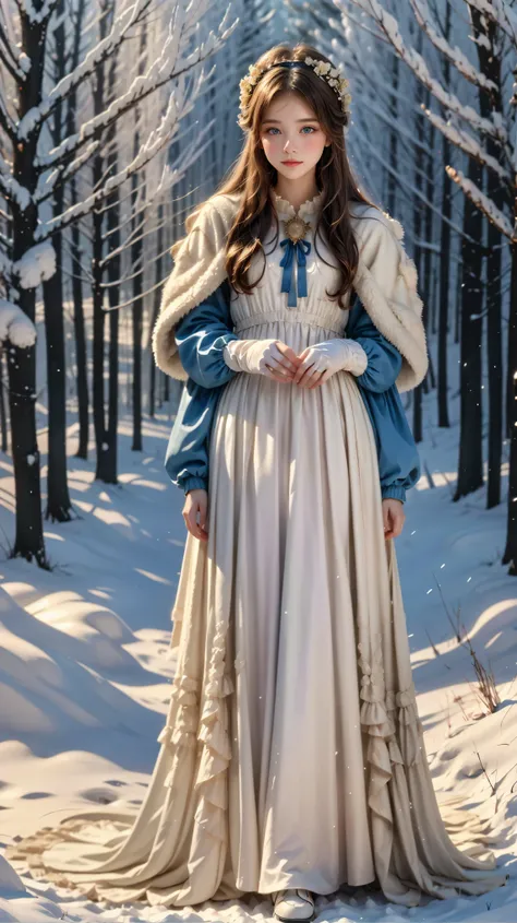 ren, Very long blond hair, blue eyes, beautiful colorful beautiful white long winter medieval dress with layers and embroidery, winter jacket, flower accessories on the head, white gloves, white fur collar, masterpiece, better quality, NATURAL, beautif...