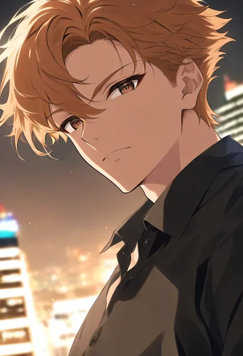 {{score_9, score_8_up, score_7_up}} Male + ginger hair + brown eyes + black dress shirt + city background + solo + face shot