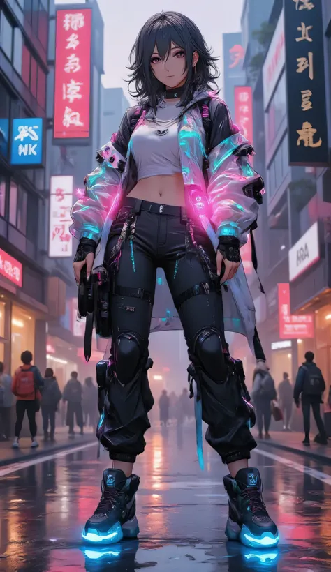 High resolution, realistic, dramatic scene,  (Korea's Beautiful Women) Cyberpunk street fashion, futuristic vibrant hues outfit, neon pink and blue lighting, holographic jacket, luminous sneakers, urban nightlife background, high-rise buildings, neon signs...