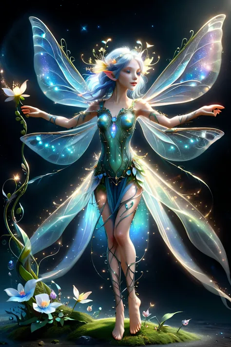(masterpiece), (8k), (best quality), (sublime), faerie, fairy, fey, a celestial organism, wispy, opaque, sentient, pale skin, full body view, arms up, body stretched elongated bending and poised, like the stem of a flower, barefoot, looking upwards, short ...