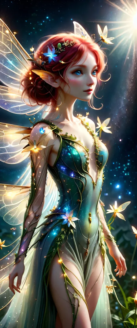 (masterpiece), (8k), (best quality), (sublime), faerie, fairy, fey, a celestial organism, wispy, opaque, sentient, pale skin, body stretched elongated and poised, like the stem of a flower, looking upwards, short red hair like wispy strands of gold in the ...