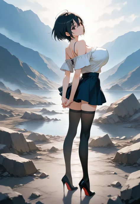 score_9, source_anime, landscape, BREAK, longtorso_v0.63_pony, perky breasts, coverd nipples, BREAK, solo, 1 skinny girl standing, arched back, arms down behind back, looking at viewer, BREAK, black short hair, bursting huge breasts, too short torso, skinn...