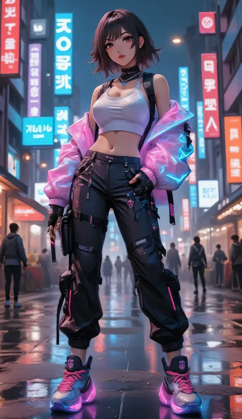 High resolution, realistic, dramatic scene,  (Korea's Beautiful Women) Cyberpunk street fashion, futuristic vibrant hues outfit, neon pink and blue lighting, holographic jacket, luminous sneakers, urban nightlife background, high-rise buildings, neon signs...