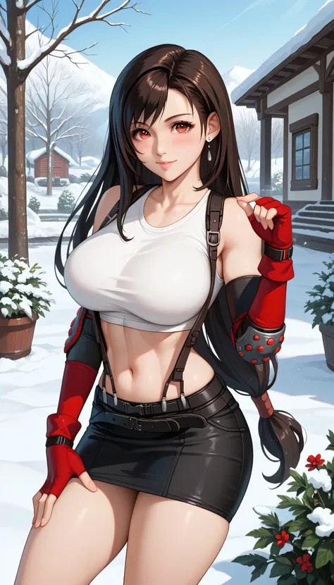 (masterpiece, best quality:1.2), highres, skin_detail, face_detail, lustrous_skin:1.4, skindentation, defTifa, red eyes, low-tied long hair, earrings, white crop top, suspenders, black miniskirt, pencil skirt, arm warmers, black elbow gloves, elbow pads, r...