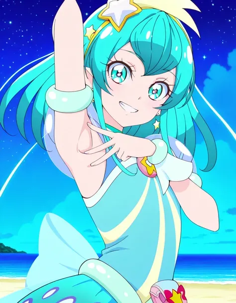curemilky, anime screencap, high quality, closed mouth, solo, upper body, night sky, beach, hand behind head, v, spread armpit, presenting armpit, ((contrapposto)), looking at viewer, grin, best quality,