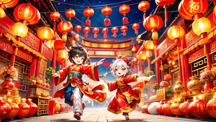 （super fine，HD：1.2），Extremely cute toddler princess，Chinese dragon，Chinese New Year Celebration，firecrackerecrackers，red spring couplets，bright colors，traditional clothing，Joyful and peaceful atmosphere，lantern，auspicious symbols，dragon dance，Festive decor...