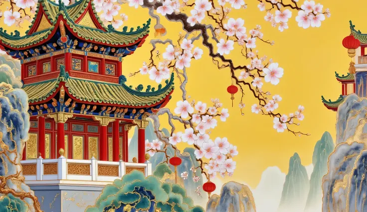 A painting，Chinese ancient style，Landscape architecture，flower，Gold painted , lanterns, night