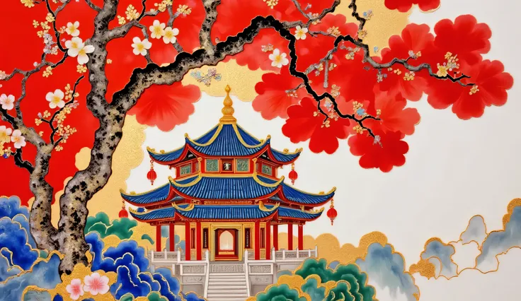 A painting，Chinese ancient style，Landscape architecture，flower，Gold painted , lanterns, night