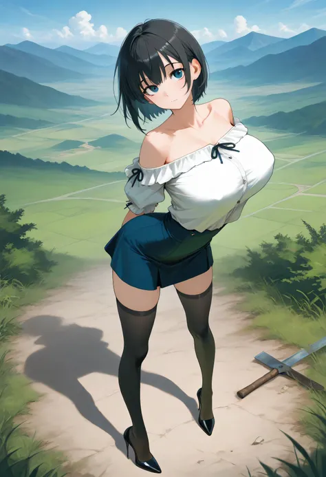 score_9, source_anime, landscape, BREAK, longtorso_v0.63_pony, perky breasts, coverd nipples, BREAK, solo, 1 skinny girl standing, arched back, arms down behind back, looking at viewer, BREAK, black short hair, bursting huge breasts, too short torso, skinn...