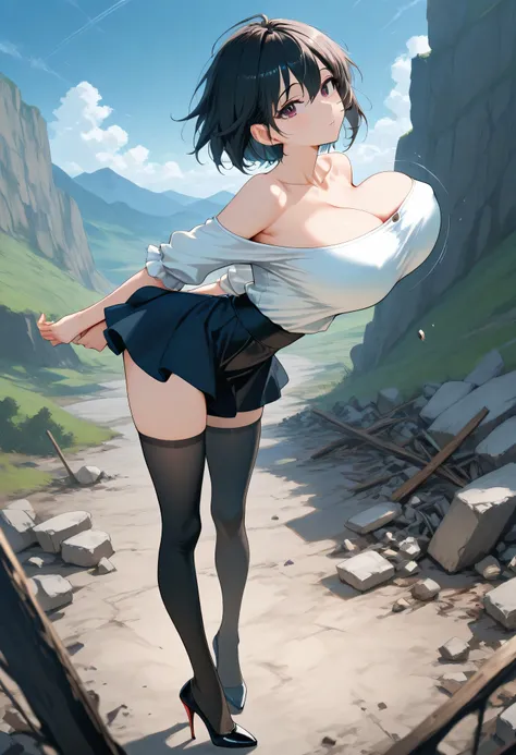 score_9, source_anime, landscape, BREAK, longtorso_v0.63_pony, perky breasts, coverd nipples, BREAK, solo, 1 skinny girl standing, bouncing unaligned breasts, arched back, arms down behind back, looking at viewer, BREAK, black short hair, (bursting huge br...
