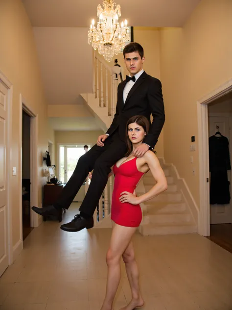 A longshot photograph capturing a slender and fit girl lifting and carrying a man on her one shoulder. The girl has long brown hair and is dressed in red dress, muscular, exuding confidence. The man is large, wearing a black tuxedo, is sitting on her shoul...