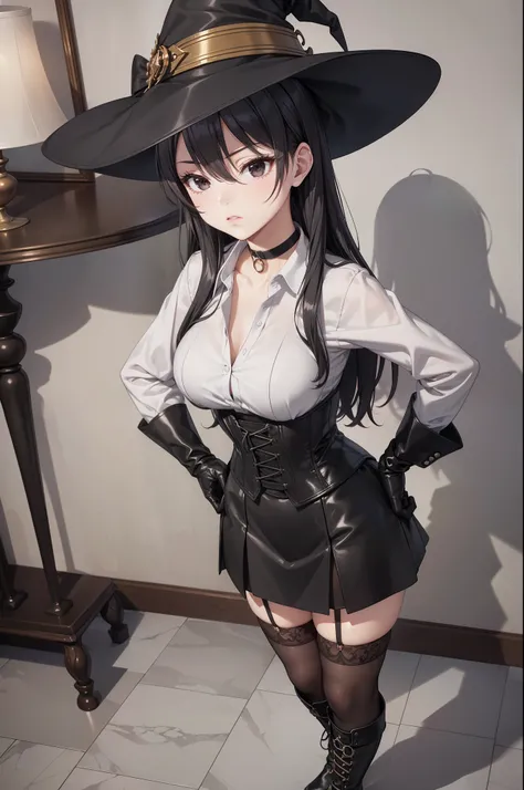 masterpiece, beautiful art, professional artist, 8K, sciamano240 art style, very detailed face, detailed clothing, Detailed fabric, (A young girl of short stature), ((hands on the hip)), (top view), perfectly drawn body , beautiful face, closed lip vest...