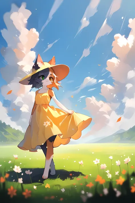 anime - style image of a woman furry, calico cat furry, yellow sundress and yellow hat, short hair blew by the winds, grassfield, beautiful girl, beautiful scenery, sfw version, graceful pose, pixiv art, masterpiece, score_9, score_8_up, score_7