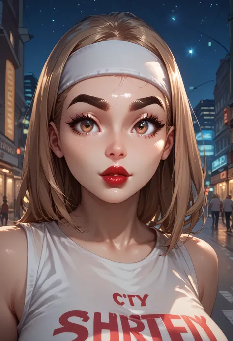 night sky, city street, perfect face, straight hair, lightest brown hair, white headband, black eyebrows, thick eyebrows, black eyeliners, big eyes, light brown eyes, bright red lips, thick lips, beautiful woman, white tank top