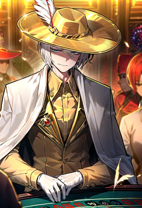 1male,,skinny, white hair , gloves , (project moon\) , white and gold gloves , blue eyes , , white cape , shirt , hat , white and gold shirt , plume , short hair ,smug expression , collared shirt , solo focus , long sleeves , cape , indoors, casino, closed...
