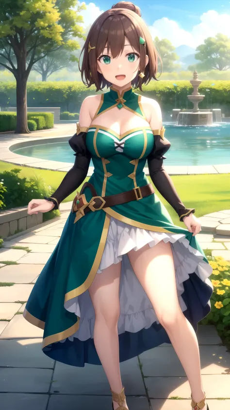 Masterpieces, Best Quality, girl, looking at viewer, kazuma satou, short hair, brown hair, green eyes, large breasts, princess connect Re:Dive cosplay, princess Dress, standing, smile, open mouth, outdoors 