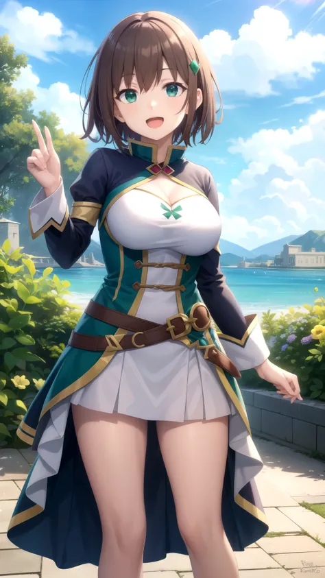 Masterpieces, Best Quality, girl, looking at viewer, kazuma satou, short hair, brown hair, green eyes, large breasts, princess connect Re:Dive cosplay, princess Dress, standing, smile, open mouth, outdoors 