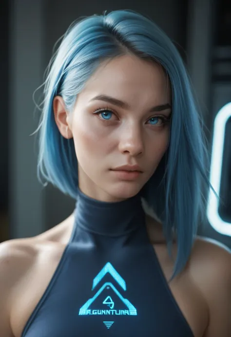 Artificial intelligence generates a quantum portal in the cyberpunk image of the past in the year 2000 and in the background a woman called (((juliadroid ))) Blue hair and bright blue eyes