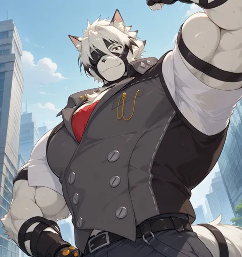 detailed background, low view, city, dutch angle, upper body shot, solo BREAK score_9_up,score_8_up,score_7_up,score_6_up,score_5_up,score_4_up BREAK kemono, bara, furry, 1boy, Lycaon, white fur, white hair, animal ears, tail, eye patch, red eyes, male, ri...