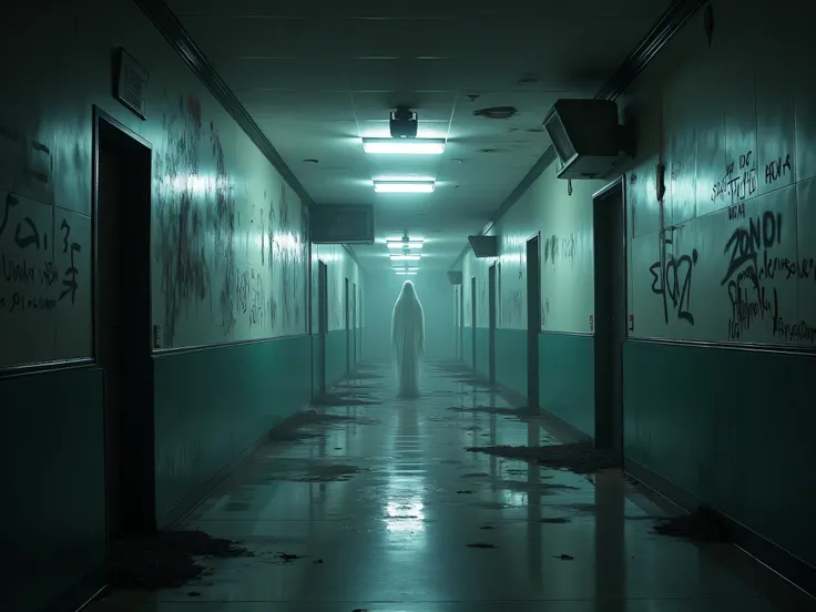 empty Abandoned school corridor, seen through a CCTV camera, vandalism, eerie silence, spectral ren playing, low resolution, horror