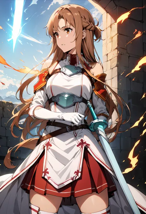 masterpiece, Top quality ï¼Œï¼Œ1 girl, arms, sword, alone, length_hair, chest当て, Holding, Holding_arms, Holding_sword, armor, Brown_hair, Braiding, Knee socks, just_shoulder, Brown_eye, dress, Rapier, independent_sleeve, sheath, white_dress, white_Knee soc...