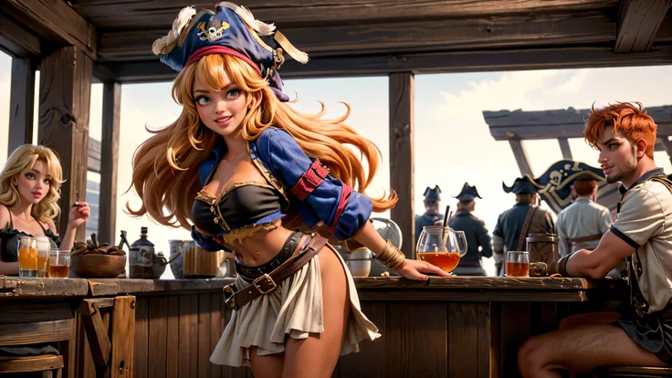  ((tavern and brothel filled with men)), ((1 redheaded tavern wench serving drinks to old pirates)), ((messy hair, orange hair)), ((1 serving girl)), ((solo girl)), ((ager)), ((loli)), ((littlegirl)), ((Smiling)), ((little)), ((dark tan skin)), ((cute girl...
