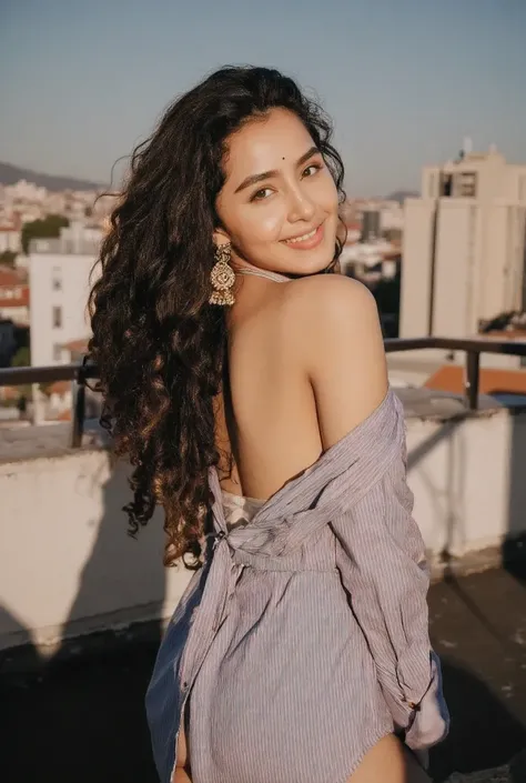 A photograph of a woman standing confidently on a rooftop, her shirt unbutton fully open. Strapless padded bra, The sunlight dramatically highlights one side of her, creating strong chiaroscuro effects with deep shadows. The background showcases a panorami...