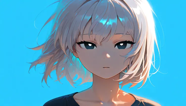 Masterpiece, top quality, GREAT QUALITY, latest, beautiful lighting, cinematic angle, 1 girl, simple eyes, silver hair, watching viewers, upper body, SIMPLE BLUE BACKGROUND, standing, ONE COLOR BACKGROUND, character design style, no text