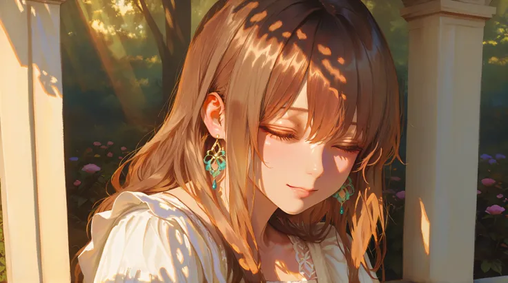 a woman, portrait of a woman with delicate facial features, wavy brown hair, serene expression, wearing a flowing white dress, standing in a lush outdoor garden setting, golden afternoon sunlight filtering through trees, detailed realistic painting, oil pa...