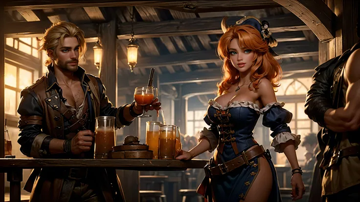 ((tavern and brothel filled with men)), ((1 redheaded tavern wench serving drinks to old pirates)), ((messy hair, orange hair)), ((1 serving girl)), ((solo girl)), ((ager)), ((loli)), ((littlegirl)), ((Smiling)), ((little)), ((dark tan skin)), ((cute girl...