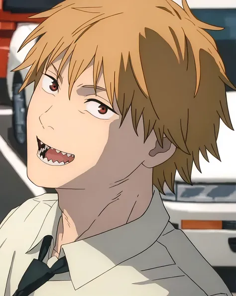 is the best quality, masterpiece, high resolution, alone, (Denji_Chainsaw Man:1.10), 1 boy, black jacket, black necktie, shirt, looks at the audience, fangs, white shirt, Smile, open mouth , Upper body, red eyes,Japanese Animation_style, 5