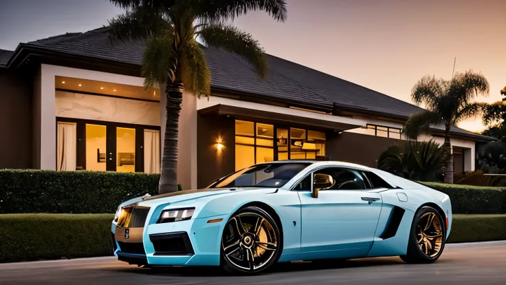 A stunning ultra-luxurious mansion with a grand modern architectural design, featuring large glass windows, elegant lighting, and a lavish entrance. The mansion is surrounded by a beautifully landscaped garden with palm trees, a waterfall feature, and an i...