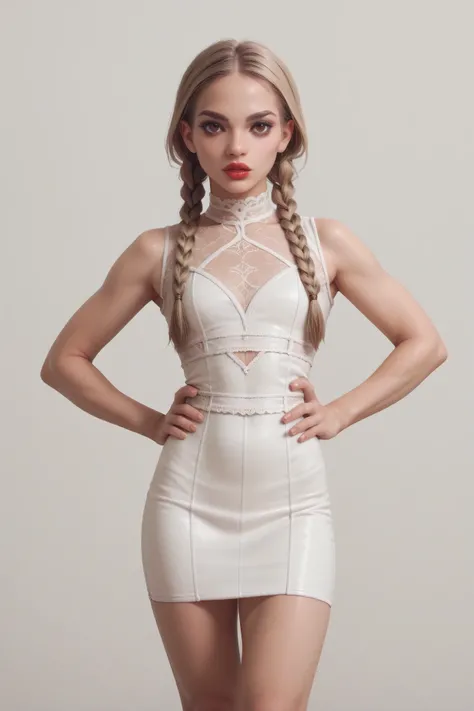 girl, (blonde hair, braids, brown hair dye), standing, hands on hips, brown eyes, white short dress with transparent elements, panties, dezent lipstick, simple background