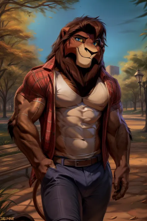 ((By Chunie)), ((By Zaush)) ((By Darkgem)), ((By Anhes)), Handsome, cute, sexy, hot male anthro furry ((Lion)), ((Kovu from The Lion King)), male, canine, male Lion at a park, muscles, medium build, park, public park, wearing clothes, clothing, Lion tail, ...