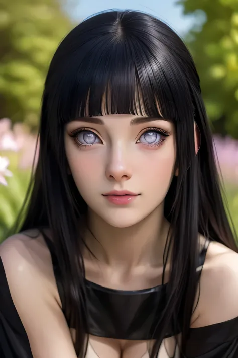 masterpiece, cinematic look, breast :1.1, HDR : 1.2, ultra lightening, ultra detailed, high quality 8k resolution, background: in garden of purple petal trees, highly detailed image, light hearted smirk, navel,body image from head to thighs,  HinataNS, Hin...