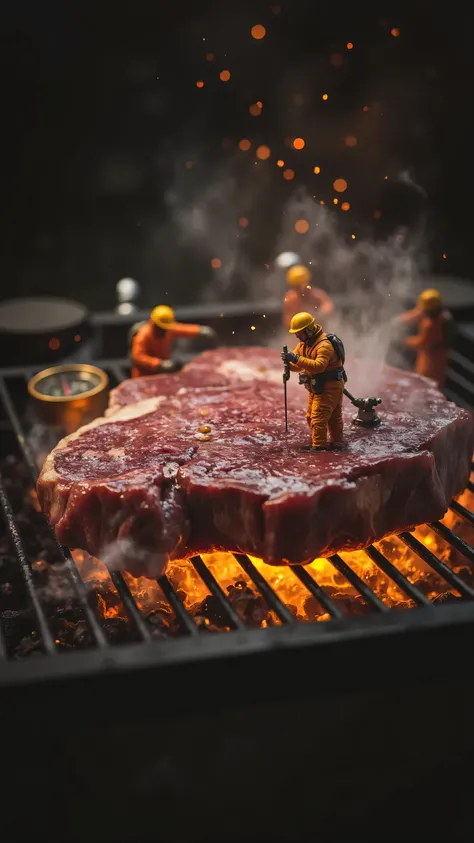 Microscopic grilling realism, 8K ultra-detailed: Giant steak with sear marks and oil splatter on surface, miniature workers in yellow helmets/orange heat-resistant suits operating thermometers/flame guns, glowing grill mesh beneath with suspended grease pa...