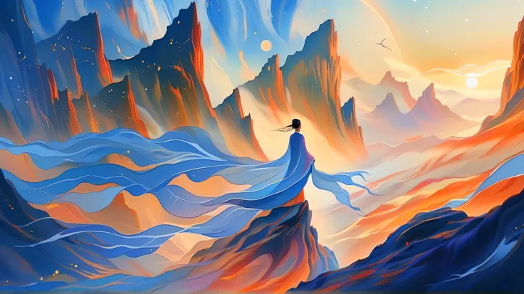 A beautiful woman stands on a cliff looking at the stars, （beautiful silhouette），Surrounded by a vortex of cosmic energy，shrouded in dreamy mist。Figure wrapped in flowing robe.，elegant，Light，Integrate with the flow of heaven and earth。The sky is a tapestry...