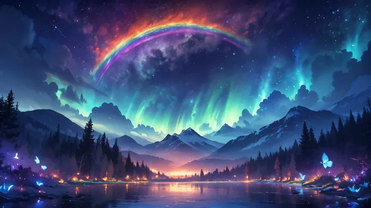 rainbow,超high image quality,high image quality,high quality DVD,Enchanted Mysterious Forest , (Neon colored butterflies),Majestic Atmosphere, Pure blue water river fountain, Golden Mini Fairy, ((Fluorescent Mushrooms Release Glowing Pollen)), Extremely bea...