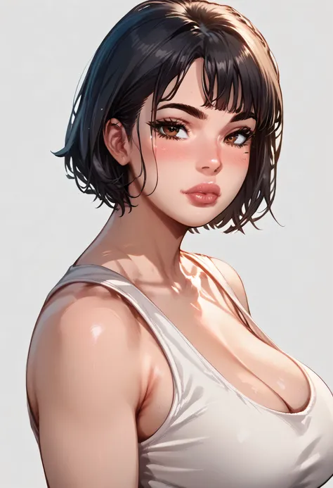 perfect face, black hair, medium hair, bob hair, black eyebrows, thin eyebrows, brown eyes, blush, thick lips, round tank top, white tank top, (large breasts 1.4), from side, looking at viewer, white background
