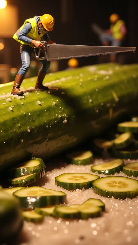 Microscopic pickling factory documentary,8K Ultra HD close-up:The surface of a giant sour cucumber is covered with uneven texture and salt cream crystals,A miniature worker wearing a transparent mask stands on a cucumber and operates a large steel saw,saw ...