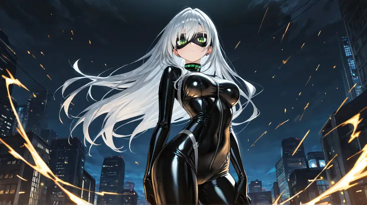 Masterpiece, Best Quality, Top Quality, Very Detailed, 1 girl, Beautiful anime girl with long silver hair, piercing green eyes, wearing tight glossy black catsuit, black mask over eyes, standing in dark cityscape at night, strands of hair flowing dramatica...