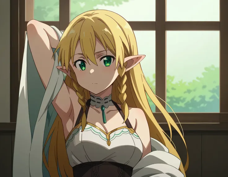 1girl, suguha kirigaya, long hair, blonde hair, hair between eyes, green eyes, braid, pointy ears, twin braids, wearing a light blue, delicate lace-trimmed dress with thin straps, Over shoulders is a sheer white shawl or robe, rise one arm up, indoors, war...