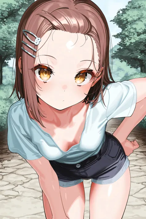[artist:yoneyama mai], [artist:kanzarin], [artist: ekrea_jan], masterpiece,best quality,amazing quality, 748cmstyle, eye focus, solo, 1girl, hairpin, forehead, brown hair, energetic, short sleeves, short pants, small breasts, outdoor, beautiful eyes, dynam...