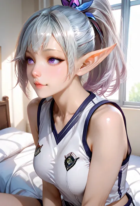 ultra detailed realistic elf miya half body, silver hair, purple eyes, white tanktop uniform, background, ray tracing, ponytail hair, sitting on the bed, cute face