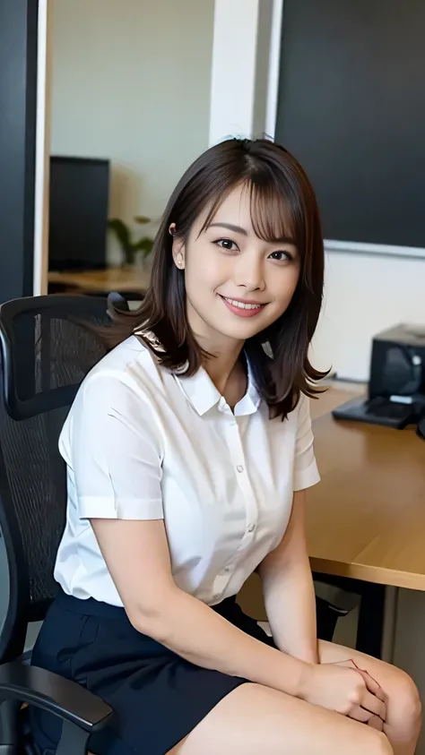 1 girl, masterpiece , bright , sitting on a chair, office, shirt, office skirt, thin legs, thick thighs, Big Breasts, beautiful face