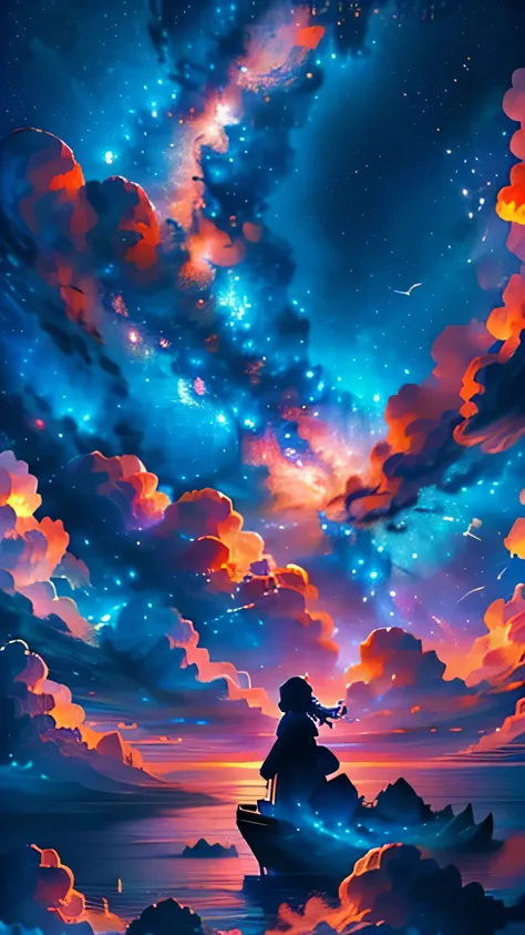 "A blue whale flying over islands with a starry sky and the sea, on a summer night with a mystical landscape, beautiful illustration, (best quality, 4K, 8K, high resolution, masterpiece: 1.2), ultra-detailed, (anime style), cinematic lighting, intricate ba...