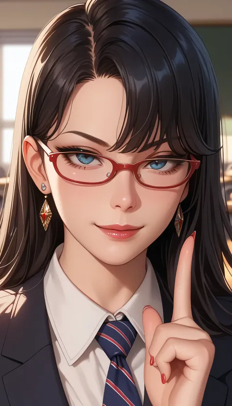 (masterpiece, Best Quality), Super Detail,
Vivid colors
sexy,
from face to chest, put up your index finger「Shhhh」gesture of,
straight and long dark hair, Blunt Bang, (( wearing a business suit )),
indoor, stormed the classroom, Red Framed Glasses, are...